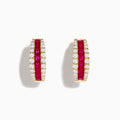 The Ruby Royale 14K Yellow Gold Ruby and Diamond 5/8 Hoop Earrings showcase a central row of square-cut rubies bordered by round diamonds, set in yellow gold and displayed on a white background.