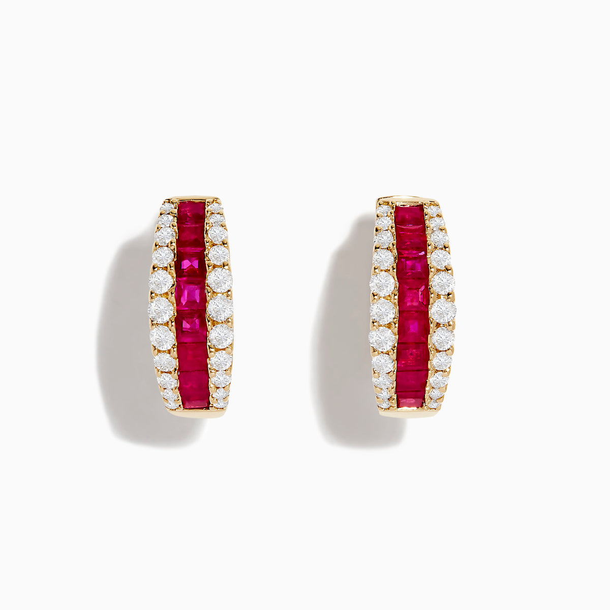 The Ruby Royale 14K Yellow Gold Ruby and Diamond 5/8 Hoop Earrings showcase a central row of square-cut rubies bordered by round diamonds, set in yellow gold and displayed on a white background.