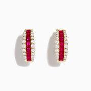 The Ruby Royale 14K Yellow Gold Ruby and Diamond 5/8 Hoop Earrings showcase a central row of square-cut rubies bordered by round diamonds, set in yellow gold and displayed on a white background.