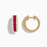 The Ruby Royale 14K Yellow Gold Ruby and Diamond 5/8 Hoop Earrings showcase a central row of square-cut rubies bordered by round diamonds, set in yellow gold and displayed on a white background.