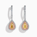 The 18K 3-Tone Gold White, Yellow and Pink Diamond Drop Halo Earrings feature teardrop-shaped yellow gemstones surrounded by pink and white diamonds in a luxurious three-tone gold setting.