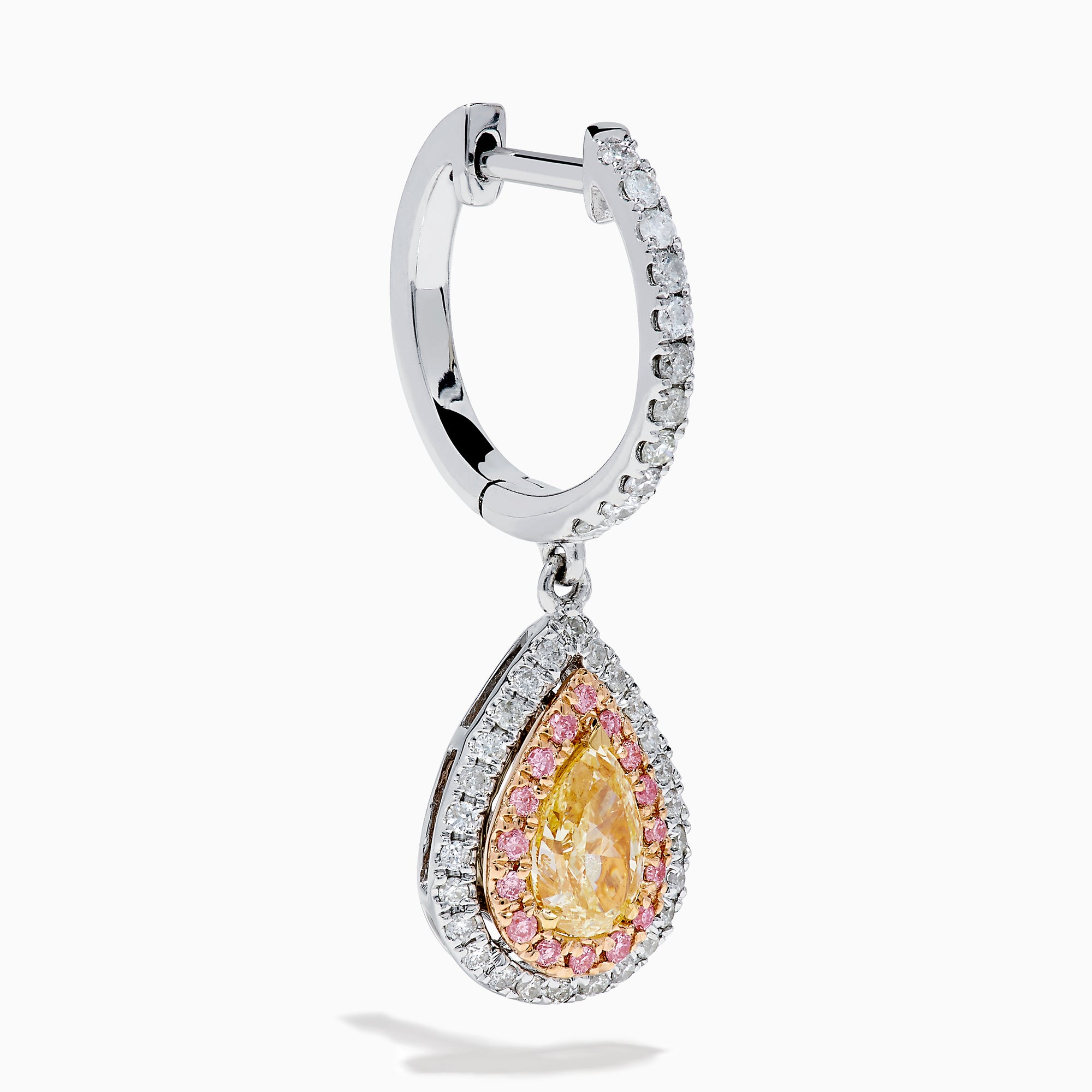 The 18K 3-Tone Gold White, Yellow and Pink Diamond Drop Halo Earrings feature teardrop-shaped yellow gemstones surrounded by pink and white diamonds in a luxurious three-tone gold setting.