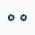 The Bella Bleu 14K White Gold Blue and White Diamond Flower Stud Earrings feature a cluster of white gems at the center, blue diamond adorned petals, and are displayed on a plain white background.
