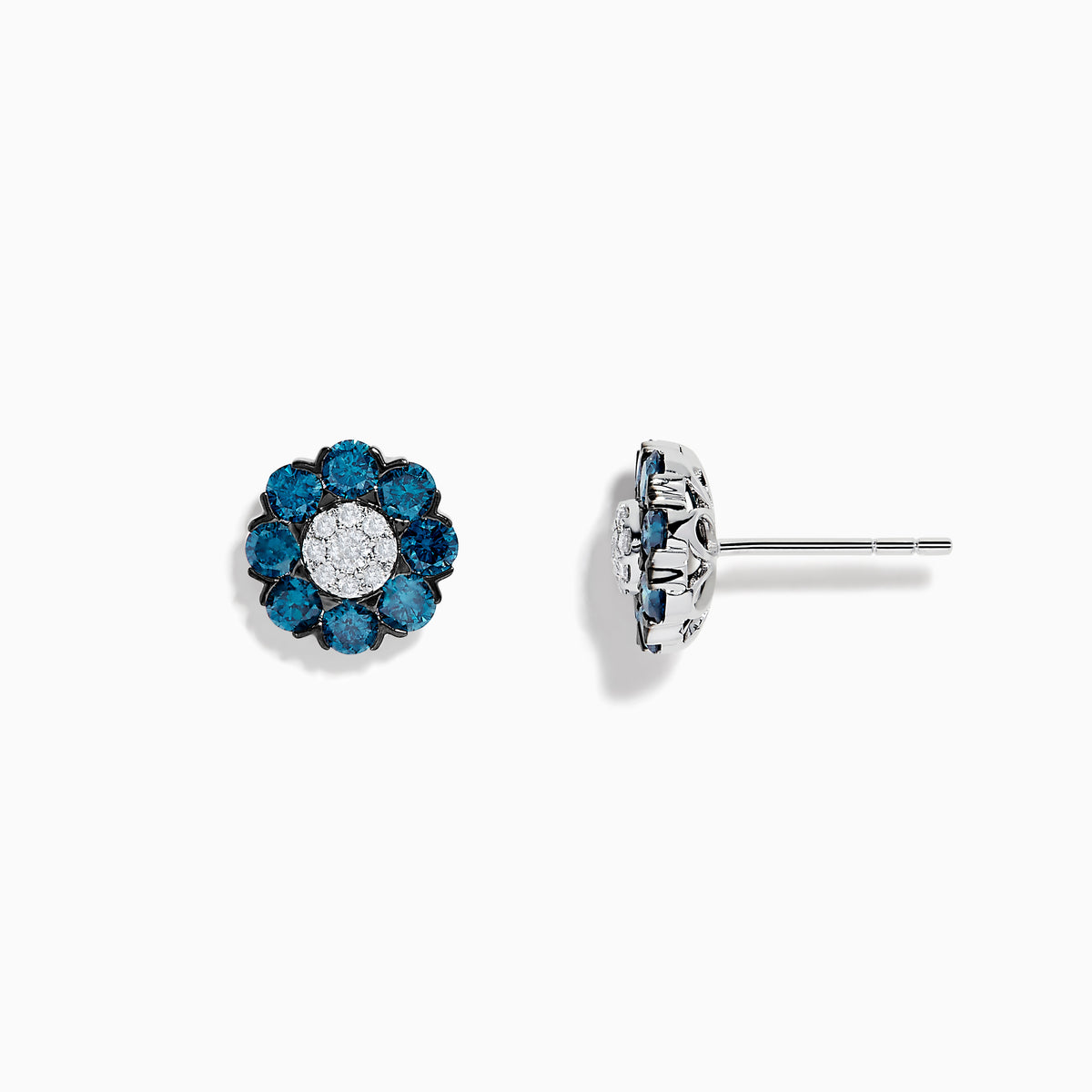 The Bella Bleu 14K White Gold Blue and White Diamond Flower Stud Earrings feature a cluster of white gems at the center, blue diamond adorned petals, and are displayed on a plain white background.