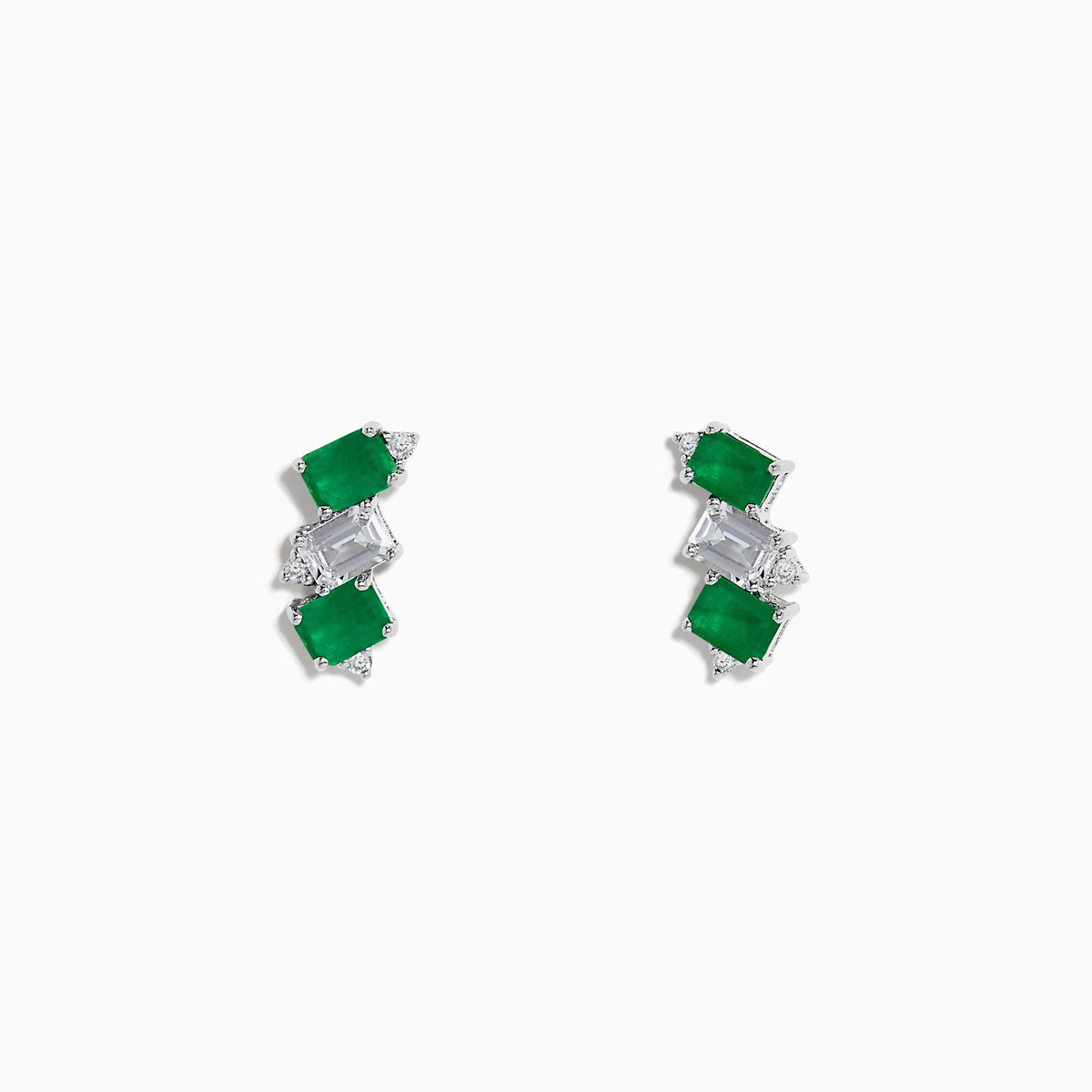 A pair of 14K white gold stud earrings featuring emerald gemstones, white sapphires, and diamonds.
