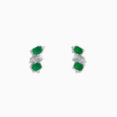 A pair of 14K white gold stud earrings featuring emerald gemstones, white sapphires, and diamonds.