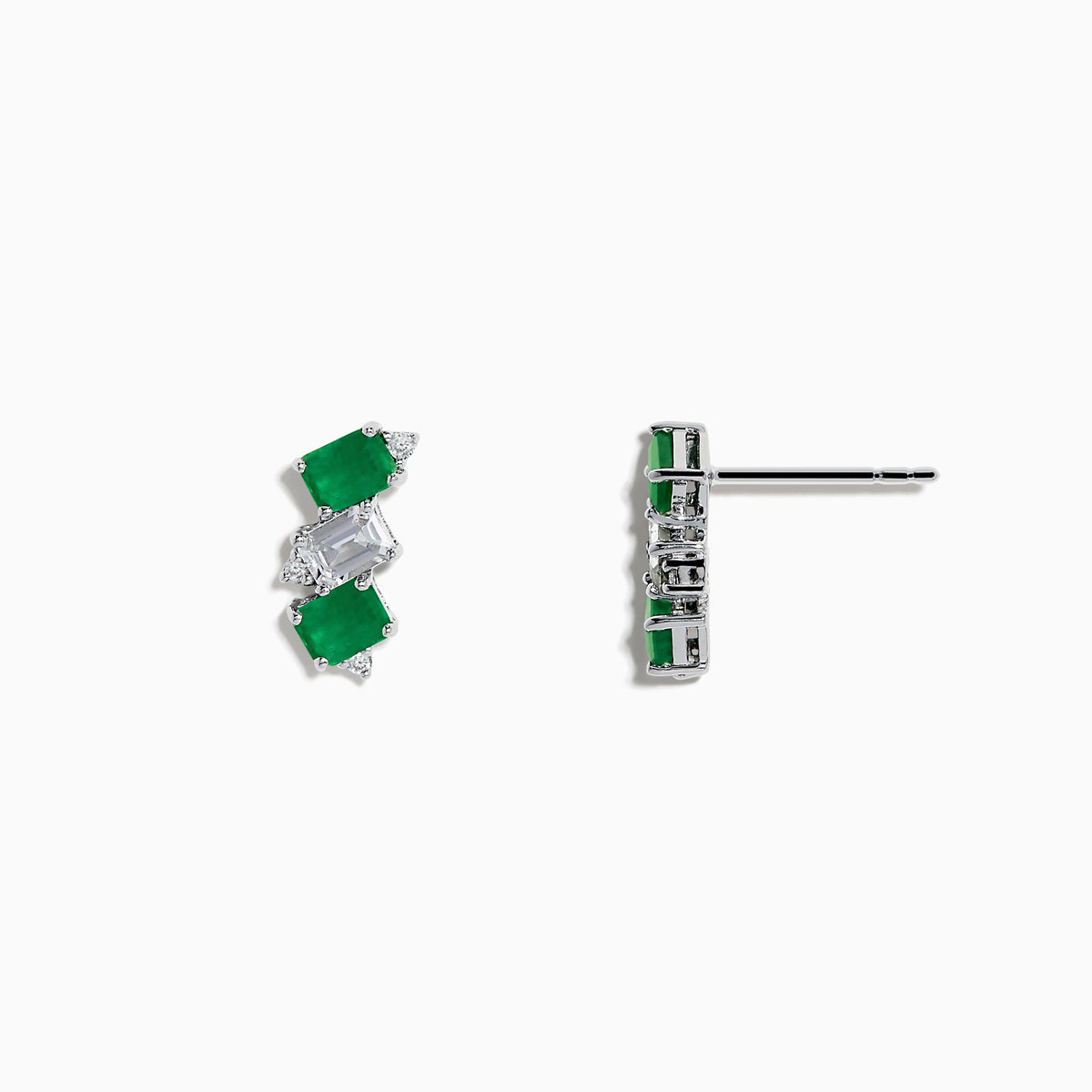 A pair of 14K white gold stud earrings featuring emerald gemstones, white sapphires, and diamonds.