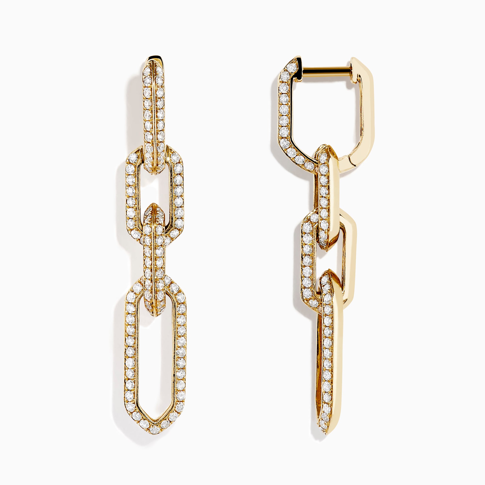 DOro 14K Yellow Gold Chain Link Diamond Drop Earrings feature three interlocking, diamond-outlined links and are shown against a plain white background.