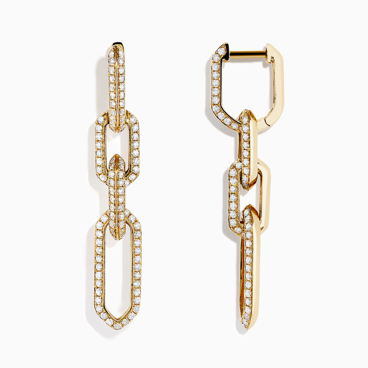 DOro 14K Yellow Gold Chain Link Diamond Drop Earrings feature three interlocking, diamond-outlined links and are shown against a plain white background.