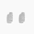 A pair of 14K White Gold Diamond Three Row Pave Small Hoop Earrings is shown on a plain white background, featuring multiple rows of sparkling diamonds in an elegant pave small hoop design.