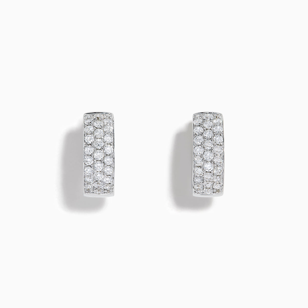 A pair of 14K White Gold Diamond Three Row Pave Small Hoop Earrings is shown on a plain white background, featuring multiple rows of sparkling diamonds in an elegant pave small hoop design.