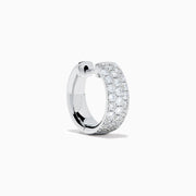A pair of 14K White Gold Diamond Three Row Pave Small Hoop Earrings is shown on a plain white background, featuring multiple rows of sparkling diamonds in an elegant pave small hoop design.