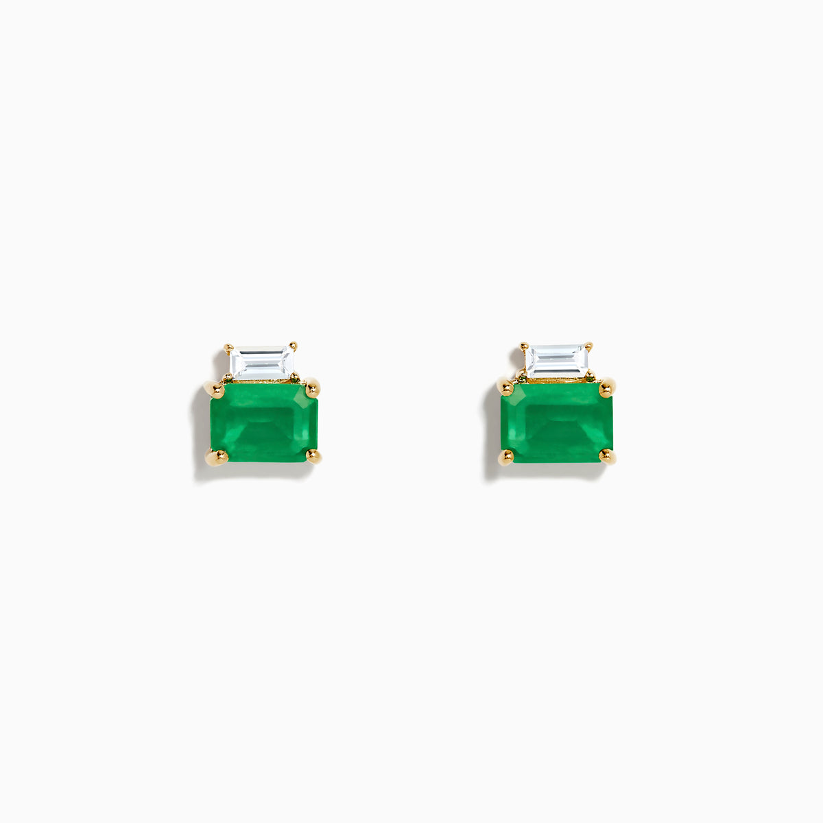 The Brasilica 14K Yellow Gold Emerald and White Sapphire Stud Earrings feature rectangular emeralds beneath smaller white sapphires, shown against a plain white background.