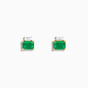 The Brasilica 14K Yellow Gold Emerald and White Sapphire Stud Earrings feature rectangular emeralds beneath smaller white sapphires, shown against a plain white background.