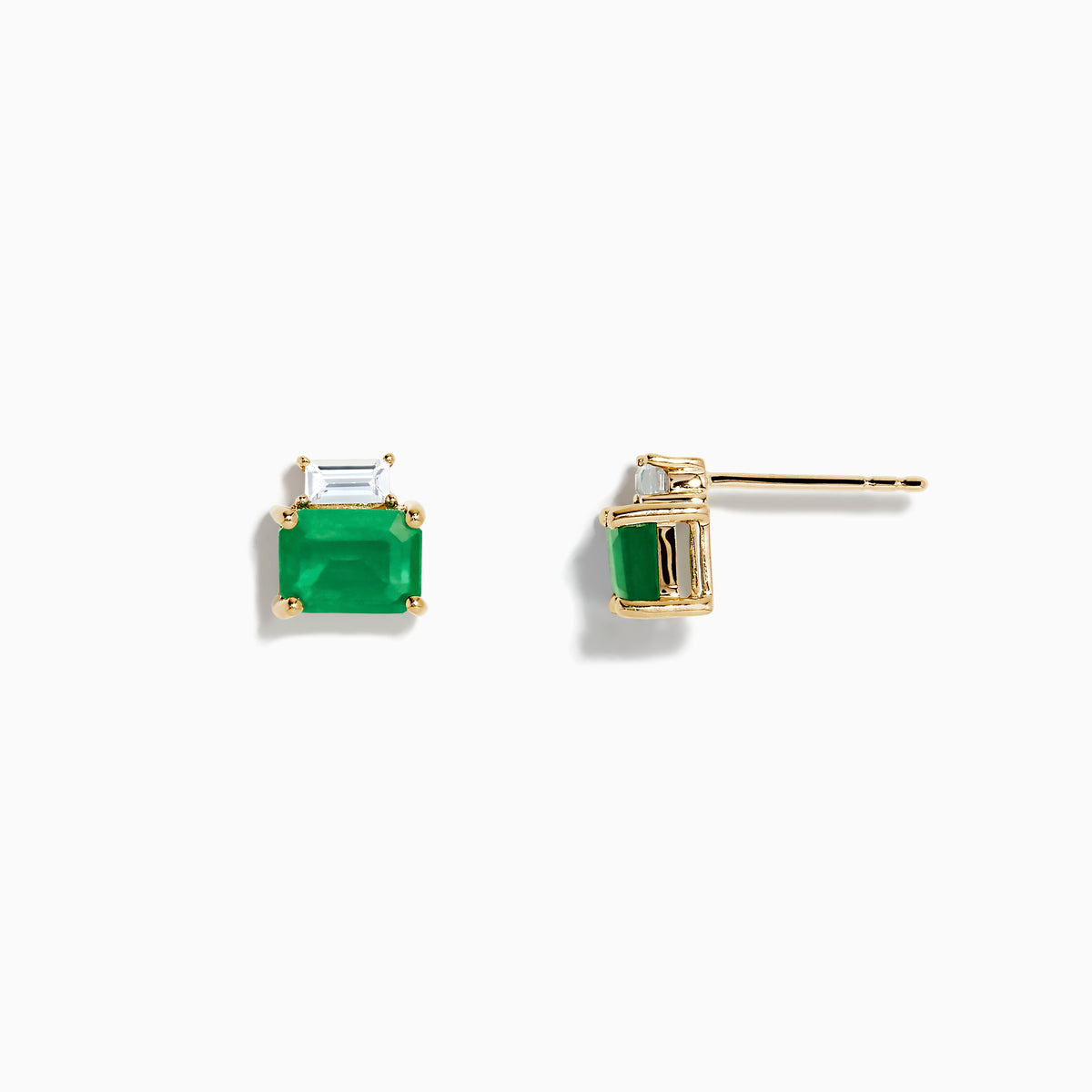 The Brasilica 14K Yellow Gold Emerald and White Sapphire Stud Earrings feature rectangular emeralds beneath smaller white sapphires, shown against a plain white background.