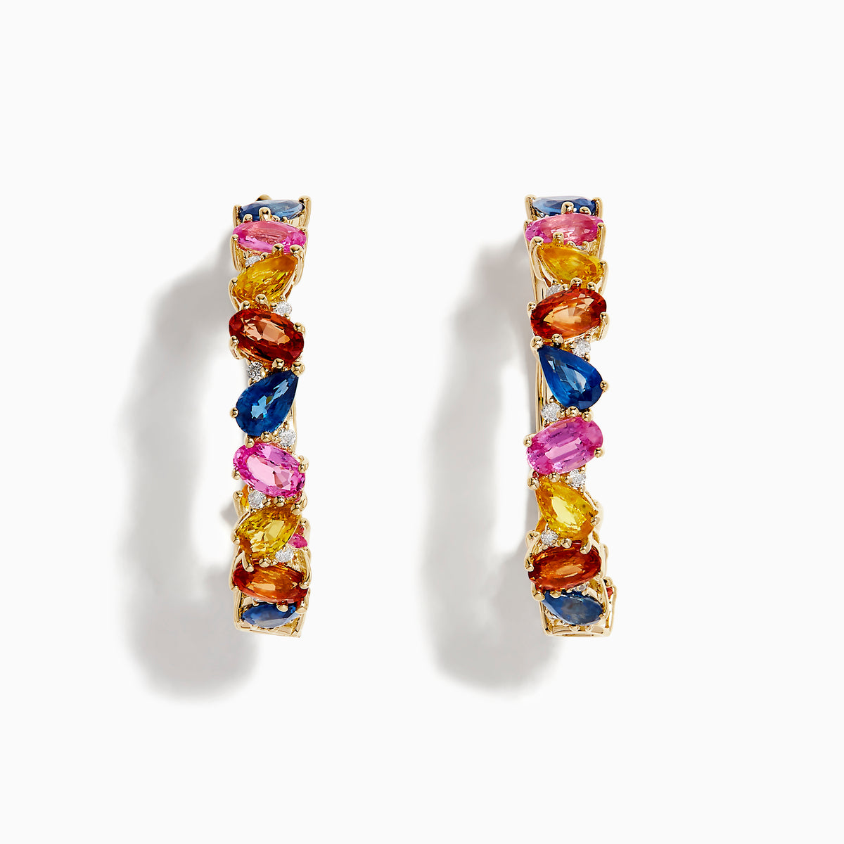 A pair of Watercolors 14K Yellow Gold Multi Sapphire and Diamond Hoop Earrings featuring blue, pink, yellow, and orange sapphires set in a repeating pattern against a white background.