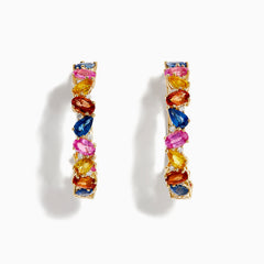 A pair of Watercolors 14K Yellow Gold Multi Sapphire and Diamond Hoop Earrings featuring blue, pink, yellow, and orange sapphires set in a repeating pattern against a white background.
