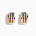 The Watercolors 14K Gold Multi Sapphire and Diamond Hoop Earrings feature four rows of blue, green, pink, and orange sapphires accented by white diamonds in a sleek, modern design.