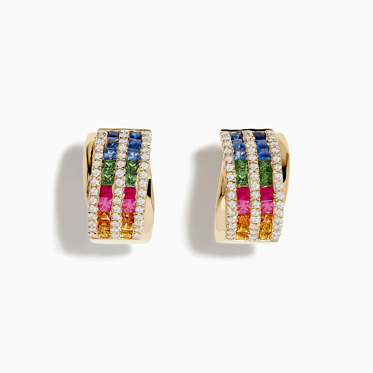 The Watercolors 14K Gold Multi Sapphire and Diamond Hoop Earrings feature four rows of blue, green, pink, and orange sapphires accented by white diamonds in a sleek, modern design.