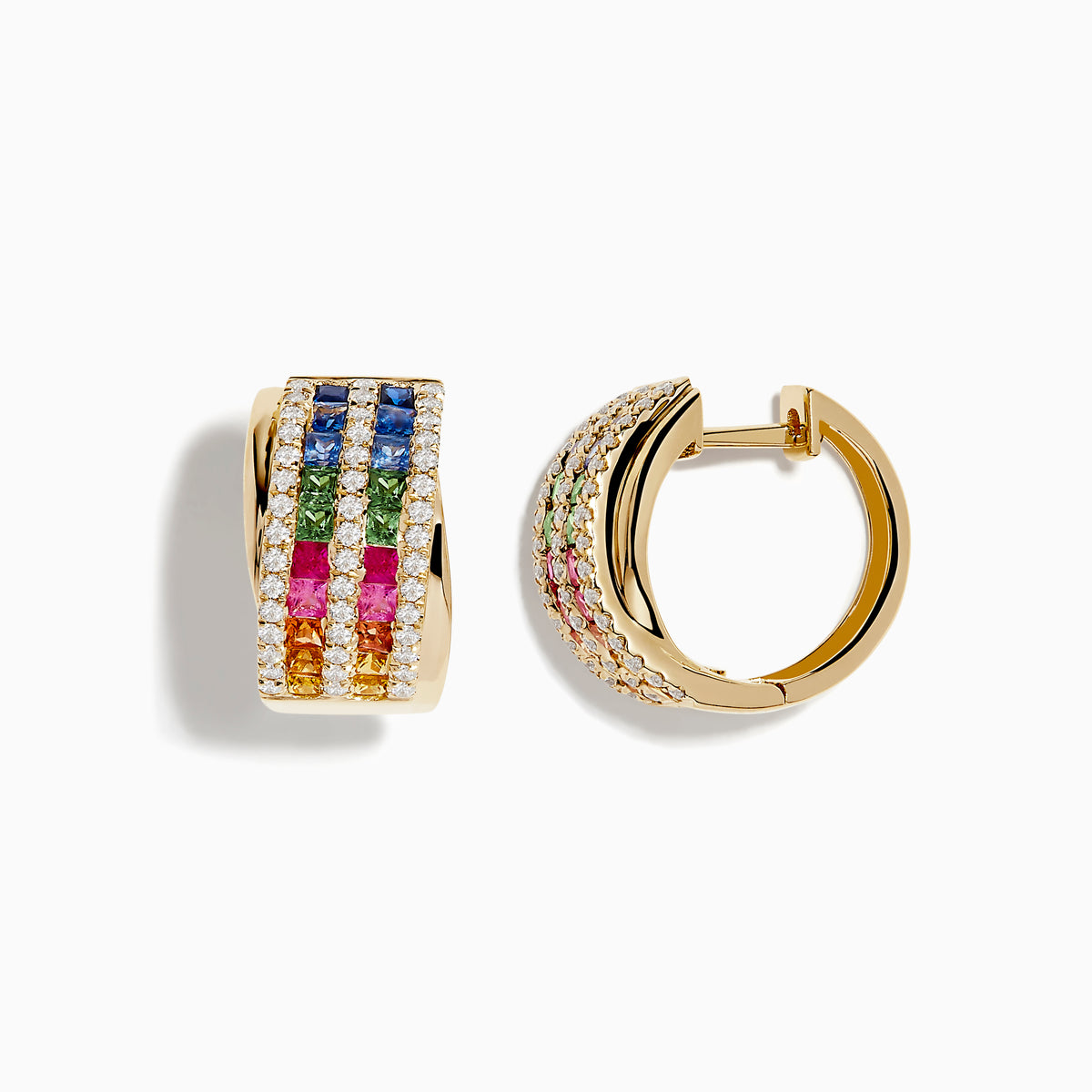 The Watercolors 14K Gold Multi Sapphire and Diamond Hoop Earrings feature four rows of blue, green, pink, and orange sapphires accented by white diamonds in a sleek, modern design.