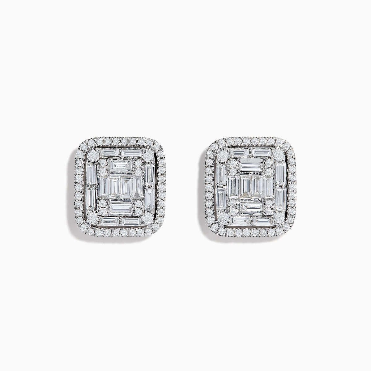 The Classique 14K White Gold Diamond Statement Earrings showcase a square design with baguette-cut diamonds in the center, framed by a double halo of sparkling round diamonds.