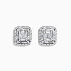 The Classique 14K White Gold Diamond Statement Earrings showcase a square design with baguette-cut diamonds in the center, framed by a double halo of sparkling round diamonds.