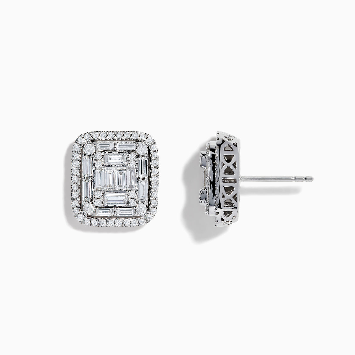 The Classique 14K White Gold Diamond Statement Earrings showcase a square design with baguette-cut diamonds in the center, framed by a double halo of sparkling round diamonds.