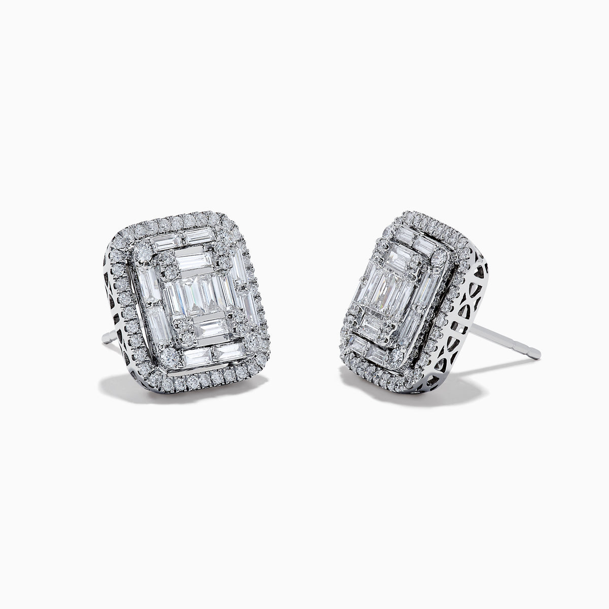 The Classique 14K White Gold Diamond Statement Earrings showcase a square design with baguette-cut diamonds in the center, framed by a double halo of sparkling round diamonds.