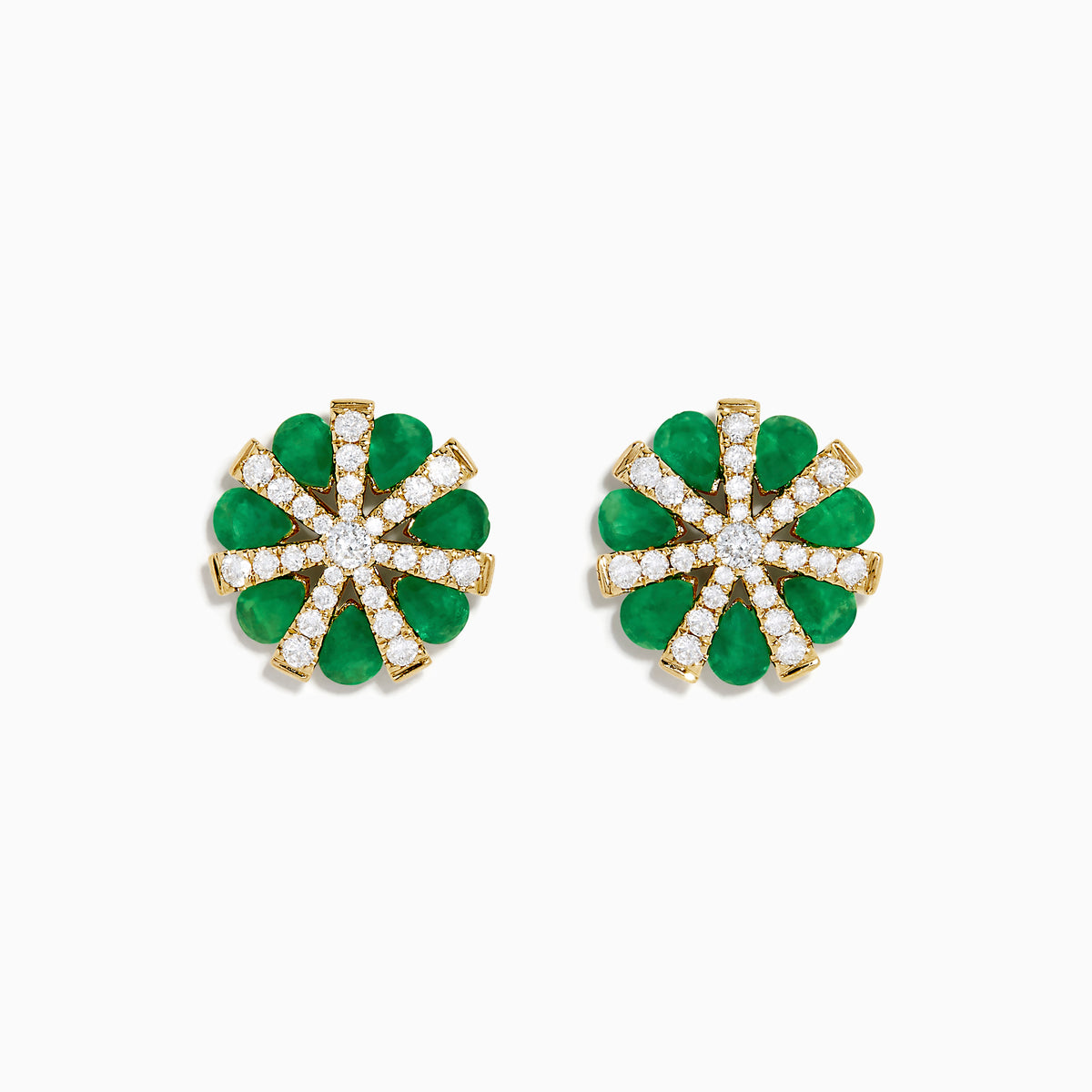 The Brasilica 14K Yellow Gold Emerald and Diamond Flower Earrings feature teardrop-shaped emerald petals and a center starburst of sparkling diamond-like gems.