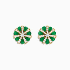 The Brasilica 14K Yellow Gold Emerald and Diamond Flower Earrings feature teardrop-shaped emerald petals and a center starburst of sparkling diamond-like gems.