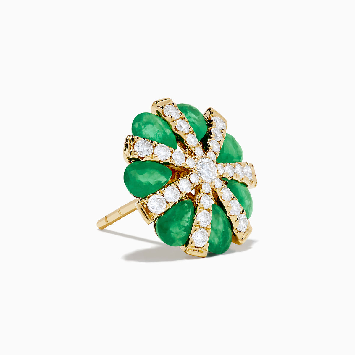 The Brasilica 14K Yellow Gold Emerald and Diamond Flower Earrings feature teardrop-shaped emerald petals and a center starburst of sparkling diamond-like gems.