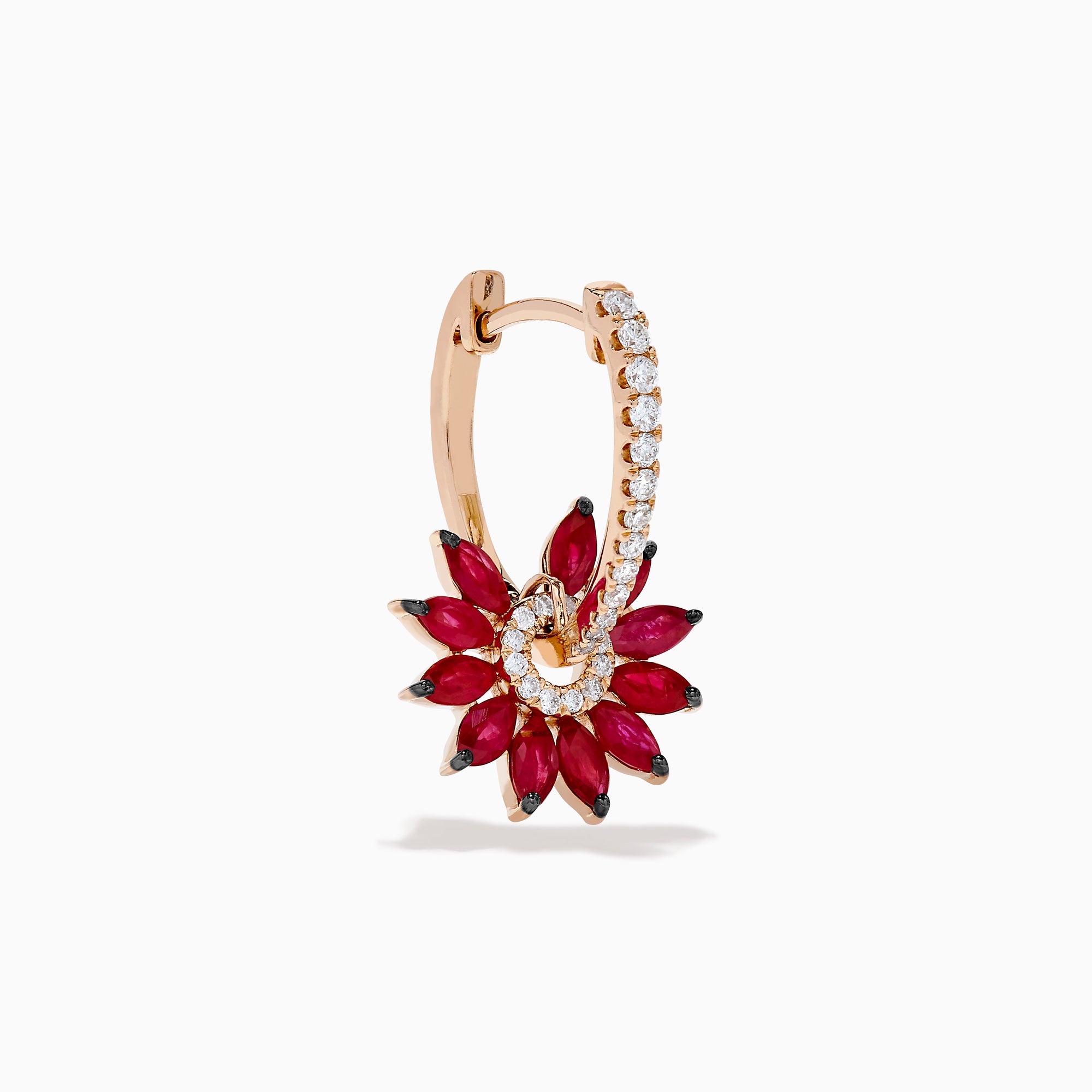 The 14K Rose Gold Ruby and Diamond Floral Huggie Earrings feature marquise-cut rubies as petals, accented by white diamonds and a vertical row of diamonds on elegant rose gold.