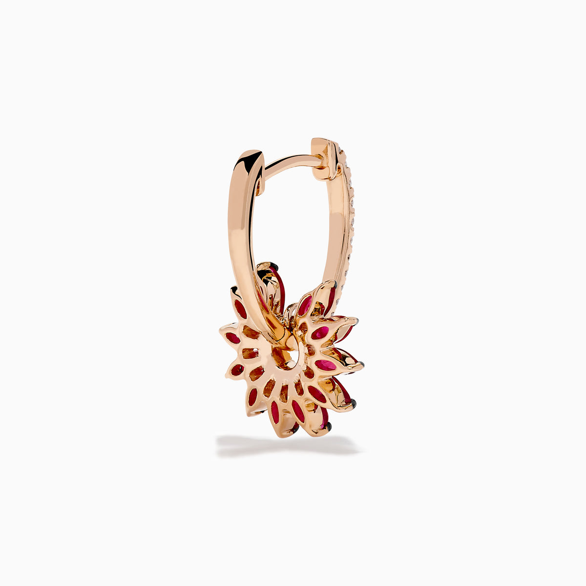 The 14K Rose Gold Ruby and Diamond Floral Huggie Earrings feature marquise-cut rubies as petals, accented by white diamonds and a vertical row of diamonds on elegant rose gold.