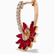 The 14K Rose Gold Ruby and Diamond Floral Huggie Earrings feature marquise-cut rubies as petals, accented by white diamonds and a vertical row of diamonds on elegant rose gold.