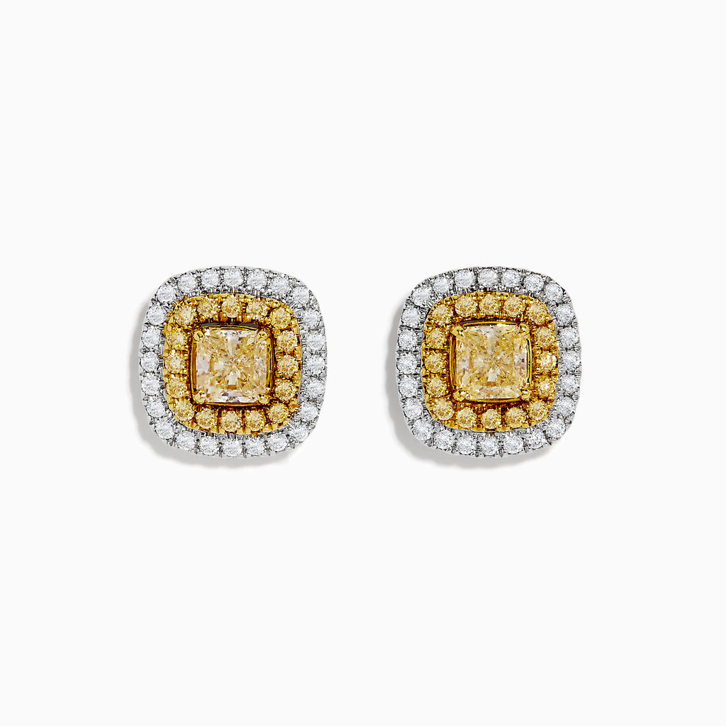 The Canare 14k Two Tone Gold Cushion Halo Yellow Diamond Stud Earrings 2.34 TCW feature square-shaped yellow diamonds accented by double rows of white and yellow stones in a gold cushion halo setting.