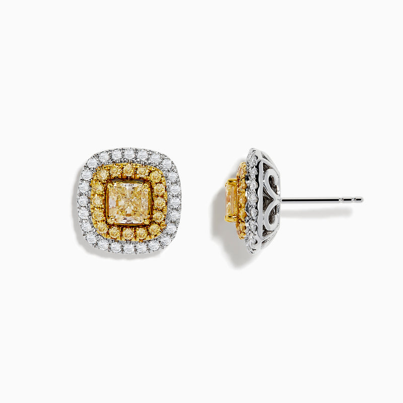 The Canare 14k Two Tone Gold Cushion Halo Yellow Diamond Stud Earrings 2.34 TCW feature square-shaped yellow diamonds accented by double rows of white and yellow stones in a gold cushion halo setting.