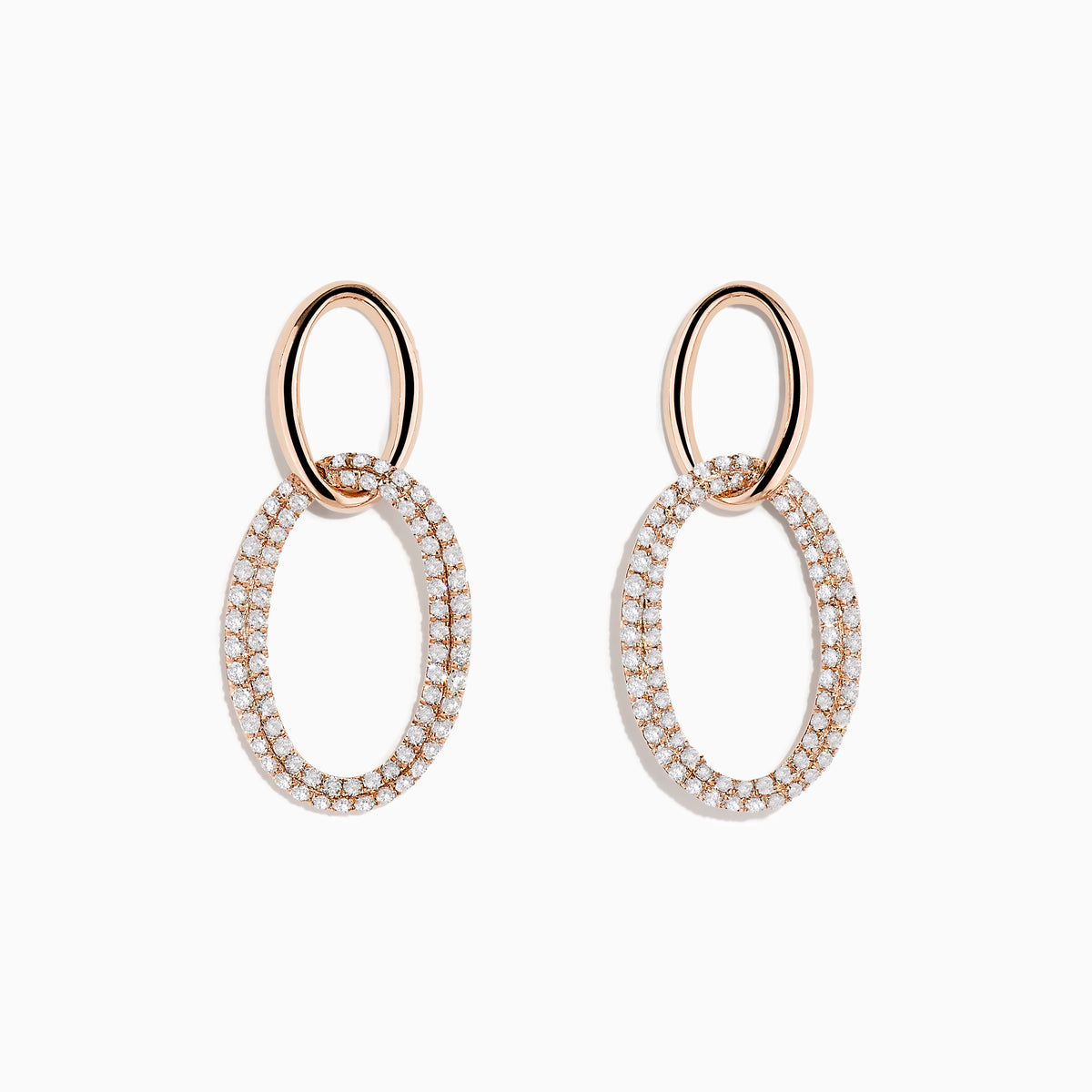 The Pave Rose 14K Rose Gold Diamond Interlock Earrings feature a small smooth oval linked to a larger diamond-encrusted oval, all elegantly crafted in 14K rose gold and displayed against a plain white background.