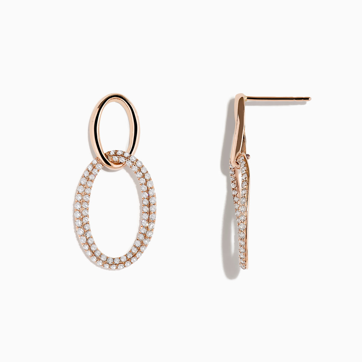 The Pave Rose 14K Rose Gold Diamond Interlock Earrings feature a small smooth oval linked to a larger diamond-encrusted oval, all elegantly crafted in 14K rose gold and displayed against a plain white background.