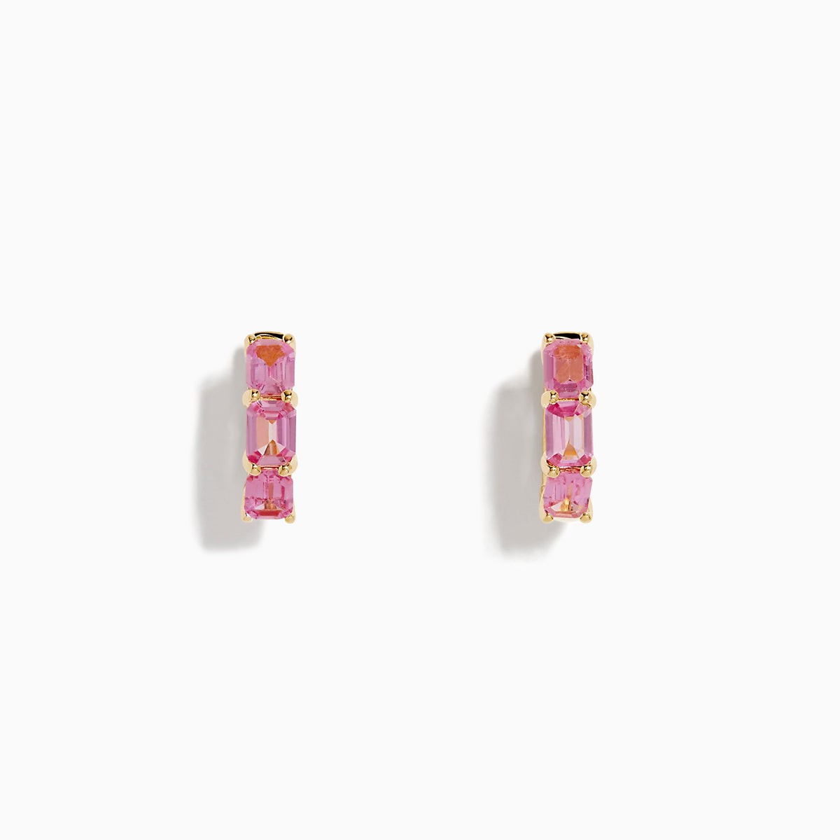 14K Yellow Gold Pink Sapphire Three-Stone Huggie Earrings