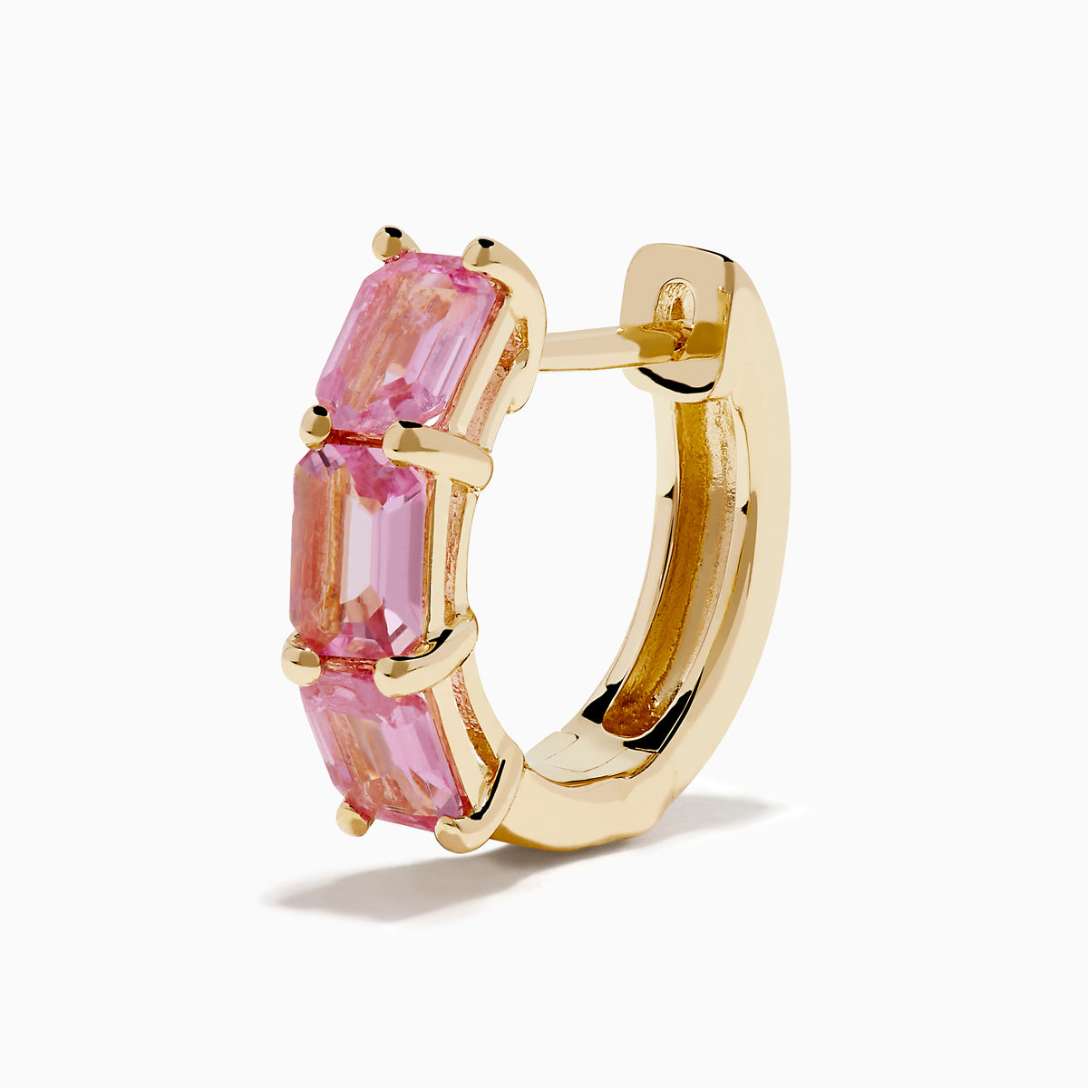 14K Yellow Gold Pink Sapphire Three-Stone Huggie Earrings