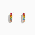 The Watercolors 14K Yellow Gold Multi Color Sapphire Hoop Earrings feature five vertical sapphires in pink, yellow, green, blue, and purple on each hoop, shown against a white background.