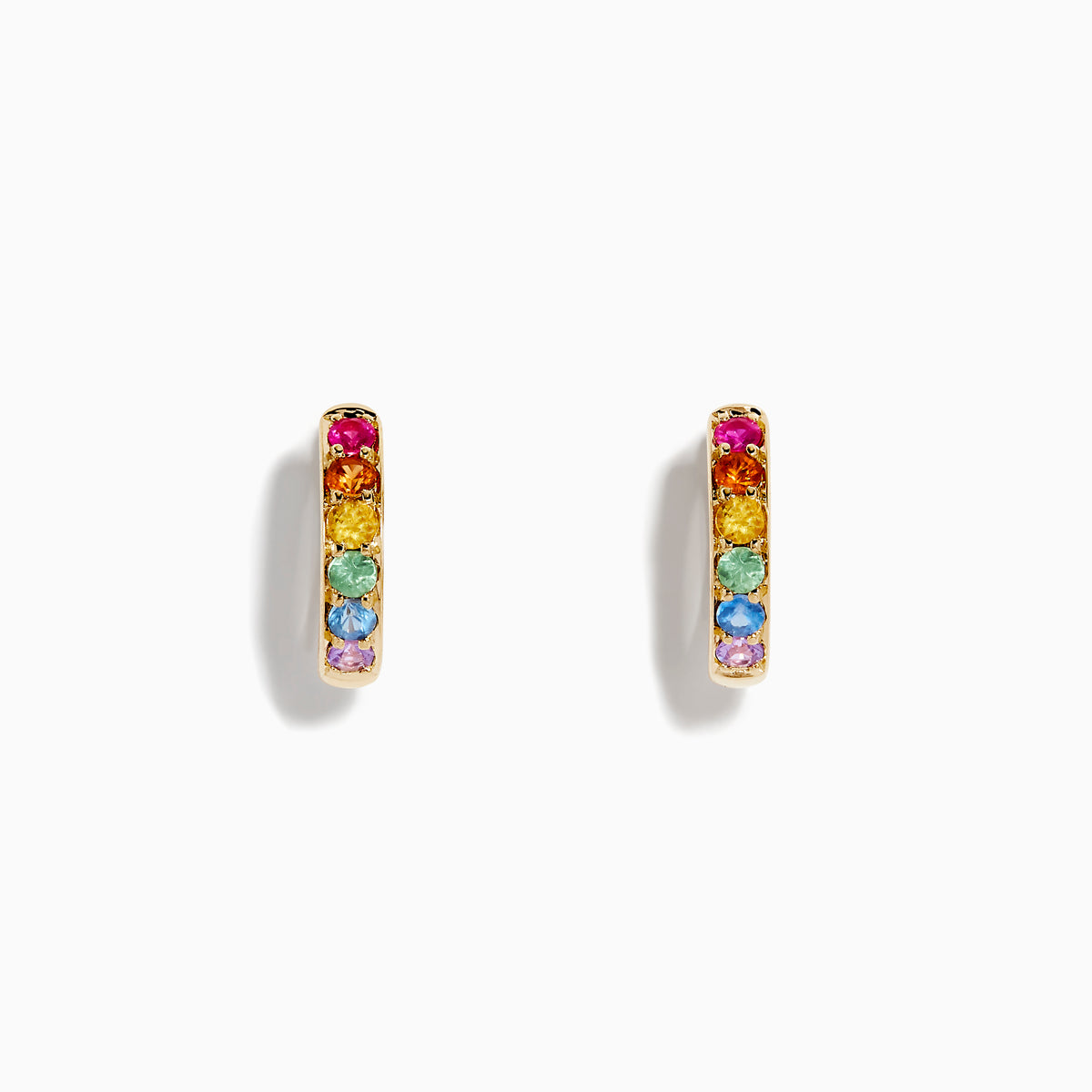 The Watercolors 14K Yellow Gold Multi Color Sapphire Hoop Earrings feature five vertical sapphires in pink, yellow, green, blue, and purple on each hoop, shown against a white background.