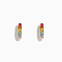 The Watercolors 14K Yellow Gold Multi Color Sapphire Hoop Earrings feature five vertical sapphires in pink, yellow, green, blue, and purple on each hoop, shown against a white background.