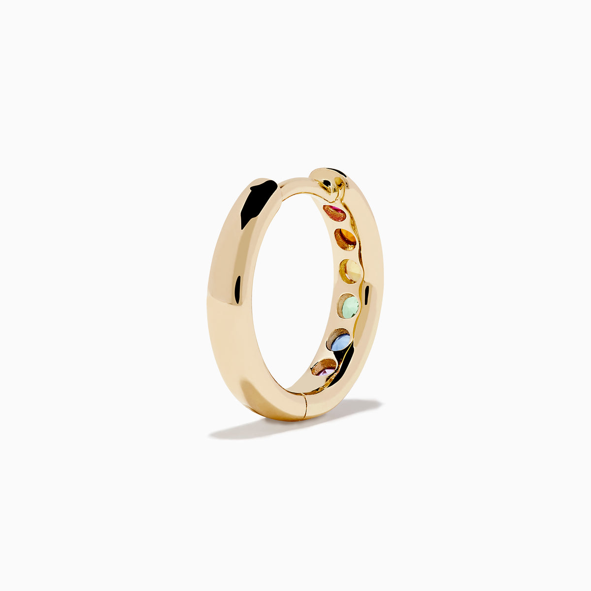 The Watercolors 14K Yellow Gold Multi Color Sapphire Hoop Earrings feature five vertical sapphires in pink, yellow, green, blue, and purple on each hoop, shown against a white background.