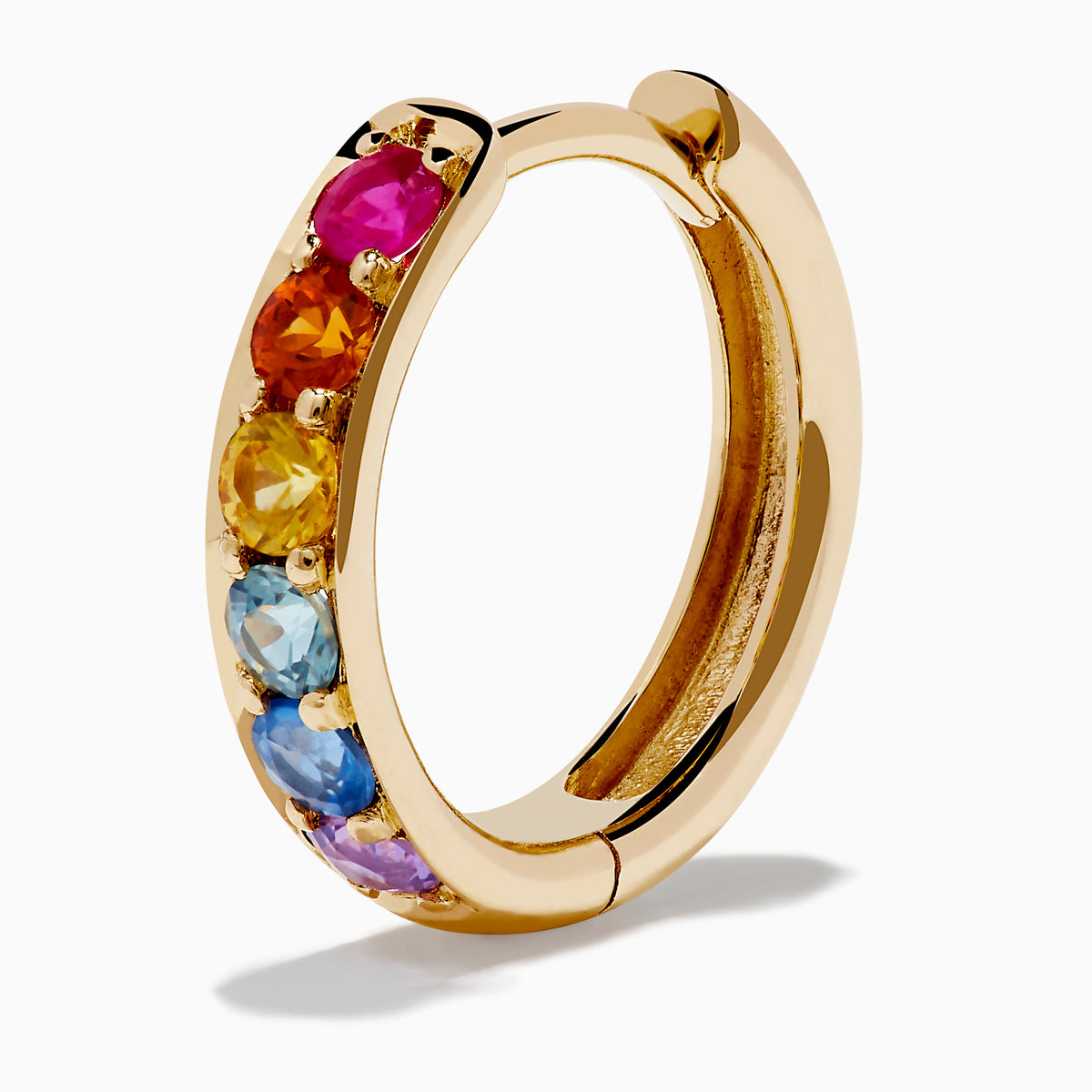 The Watercolors 14K Yellow Gold Multi Color Sapphire Hoop Earrings feature five vertical sapphires in pink, yellow, green, blue, and purple on each hoop, shown against a white background.