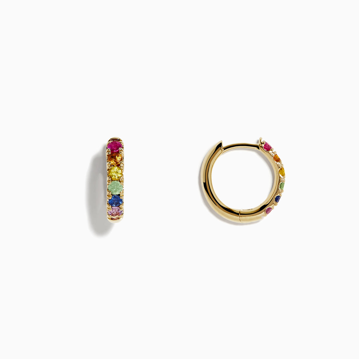 A pair of Watercolor 14k Gold Multi Sapphire Huggie Earrings featuring small gold hoops set with multicolored sapphires in a row, displayed on a plain white background.