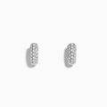 A pair of Pave Classica 14k White Gold Diamond Huggie Earrings, featuring rows of sparkling white diamonds, is displayed on a plain white background.