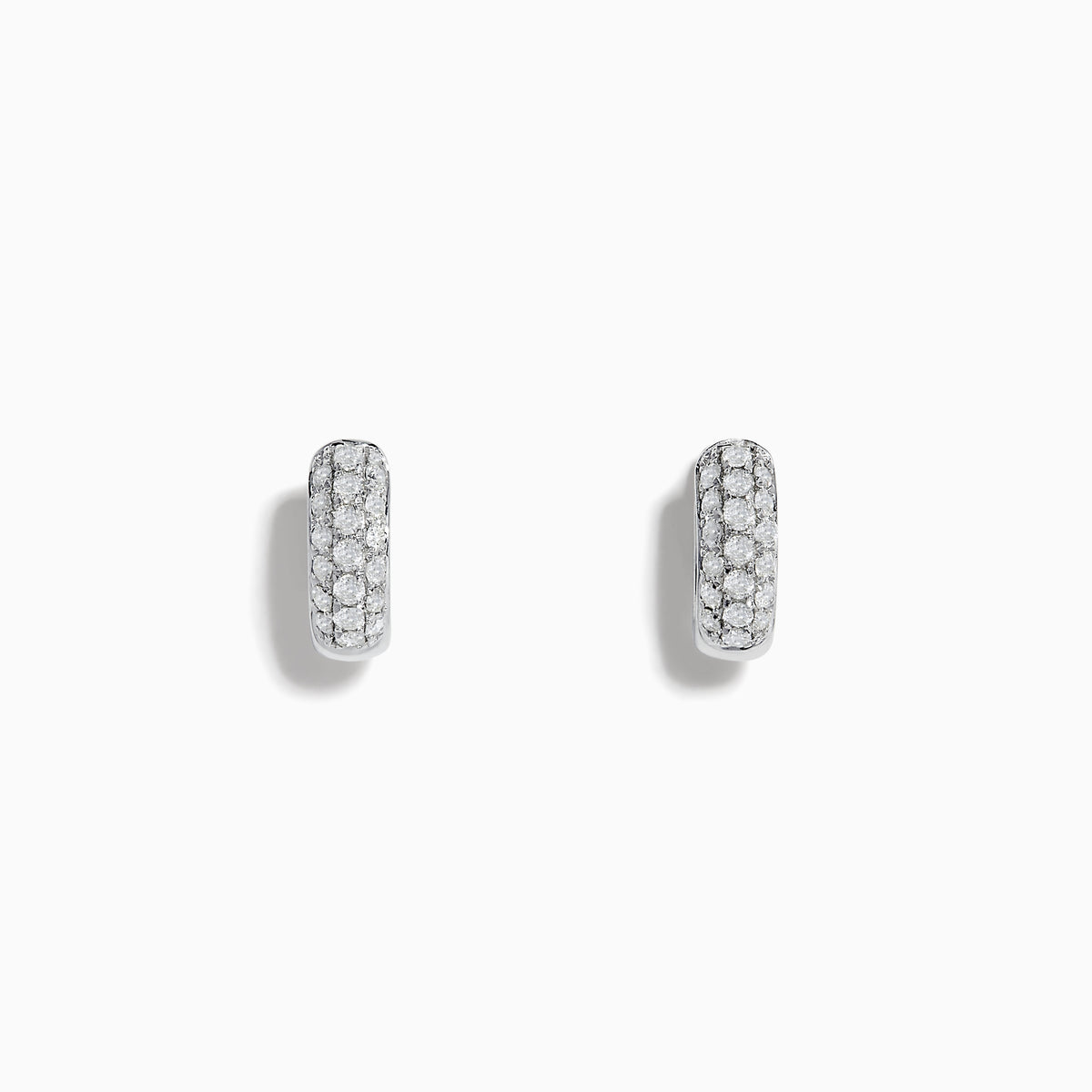 A pair of Pave Classica 14k White Gold Diamond Huggie Earrings, featuring rows of sparkling white diamonds, is displayed on a plain white background.