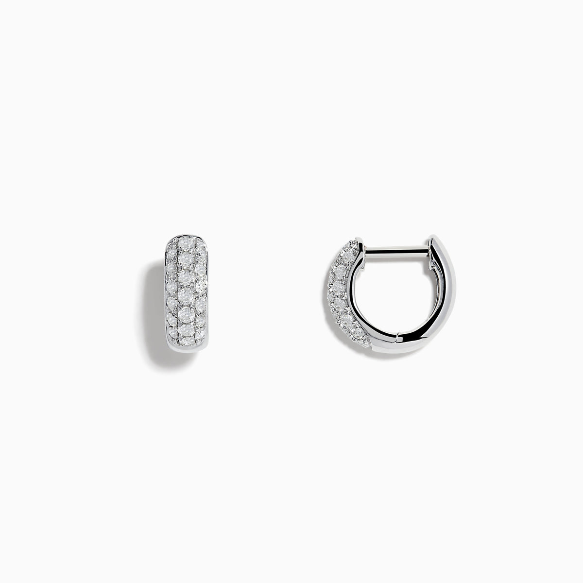 A pair of Pave Classica 14k White Gold Diamond Huggie Earrings, featuring rows of sparkling white diamonds, is displayed on a plain white background.