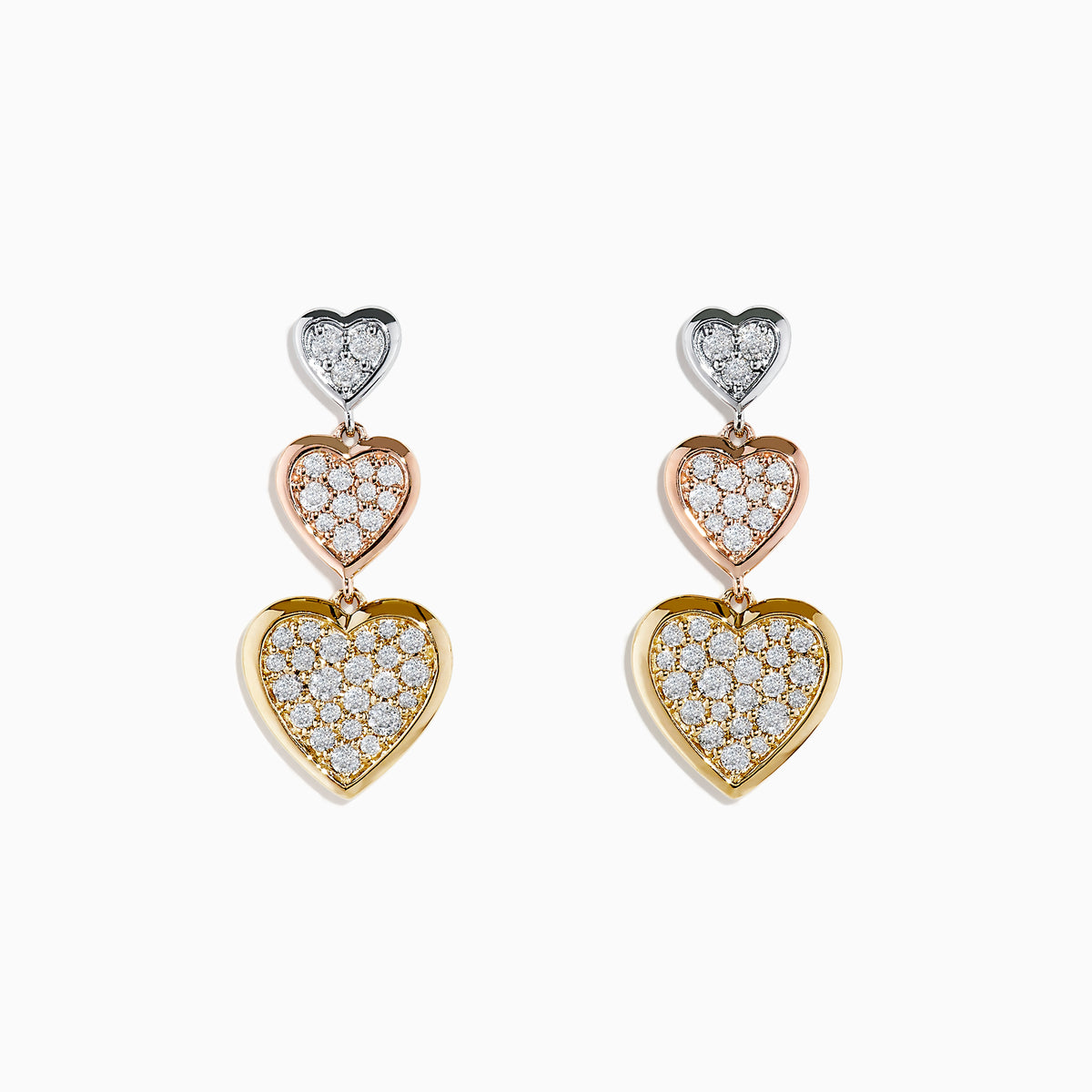 The Trio 14K Three Tone Gold Diamond Heart Drop Earrings 0.65 TCW showcase three stacked heart shapes in silver, rose gold, and yellow gold, each adorned with sparkling diamonds for a dazzling finish.